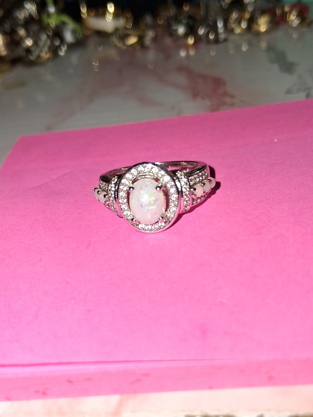 Sterling Silver Opal Halo Ring - White Opal